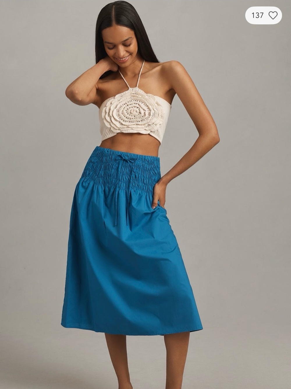 En Saison Teal Blue Smocked-Waist Midi Skirt